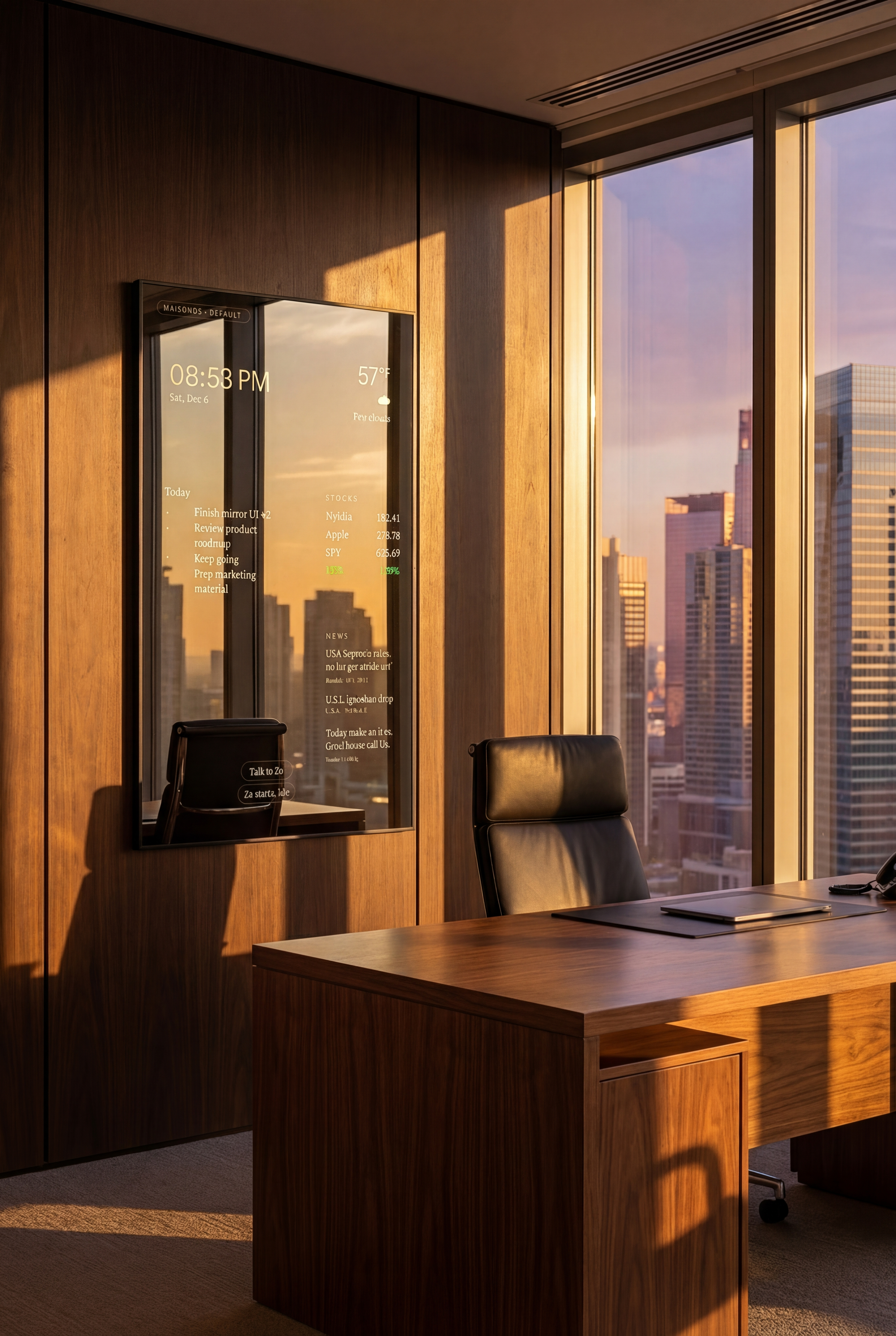 Maison Mirror displaying time, weather, tasks, and stocks